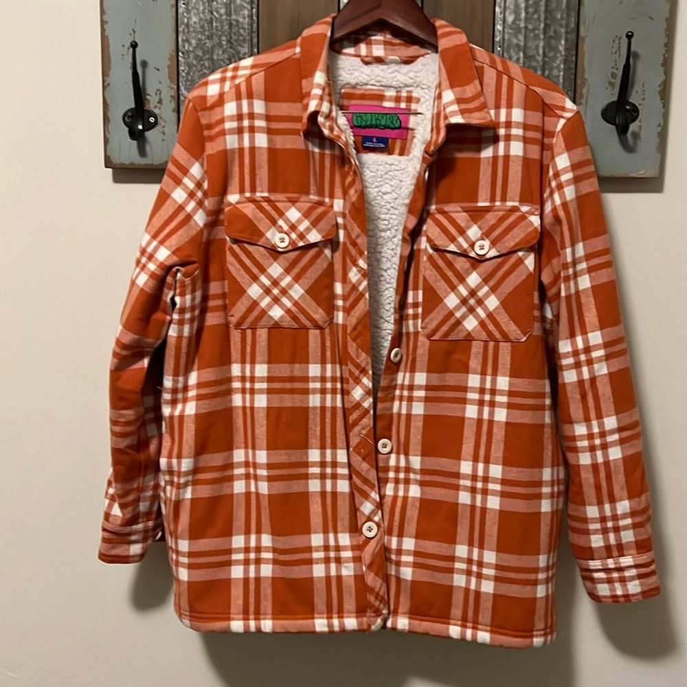 Plaid Sherpa lined jacket/shacket size large plaid orange & white
